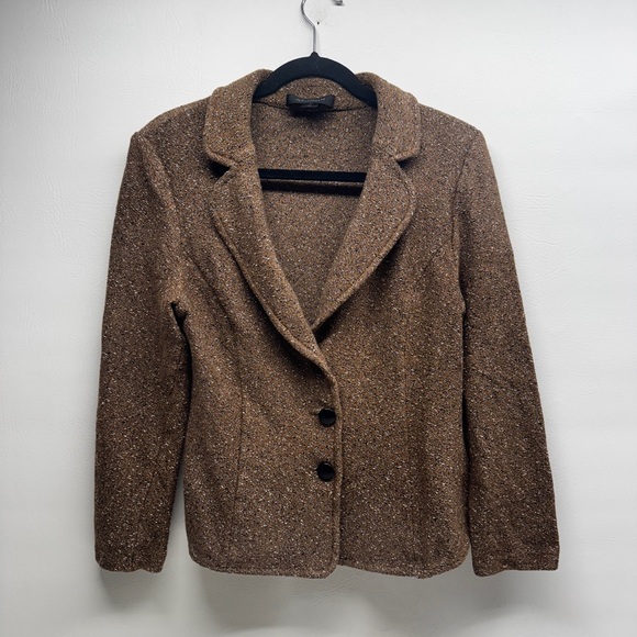 ST. JOHN Knit Blazer Women Size 14 Brown Speckled Wool Blend 3 Button Collar - Picture 1 of 10